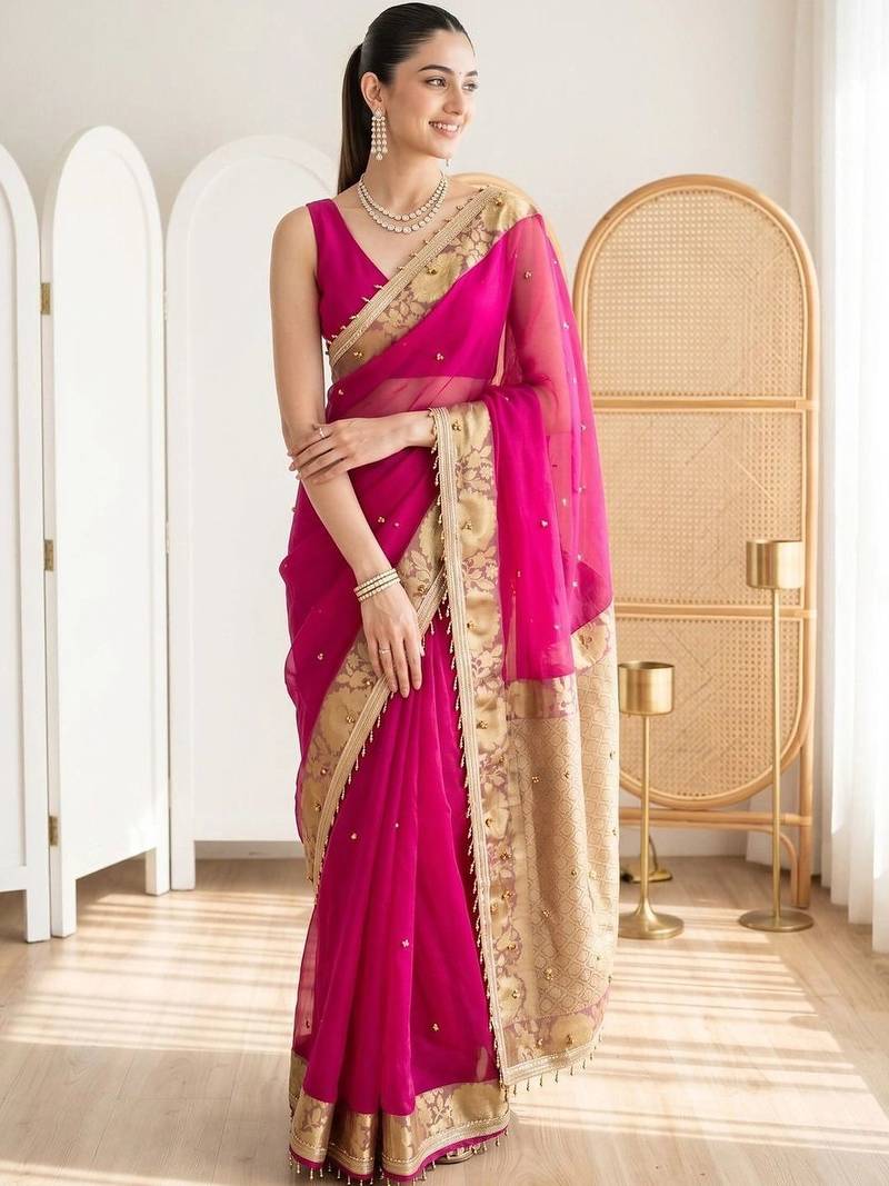 Magenta woven design beads and stones silk blend designer banarasi saree