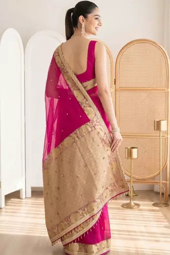 Magenta woven design beads and stones silk blend designer banarasi saree