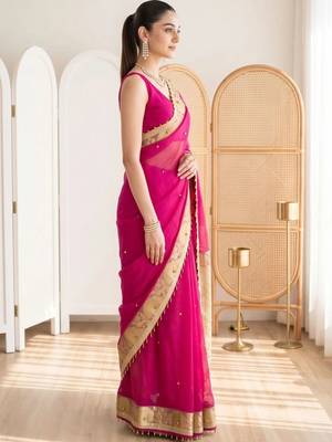 Magenta woven design beads and stones silk blend designer banarasi saree 3