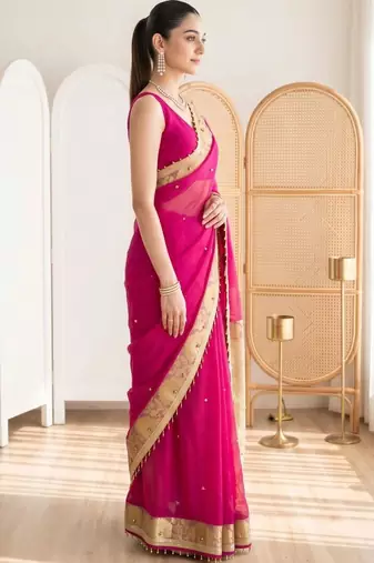 Magenta woven design beads and stones silk blend designer banarasi saree