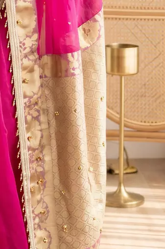 Magenta woven design beads and stones silk blend designer banarasi saree