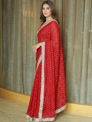 Red ethnic motifs sequinned satin saree 2