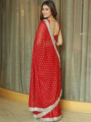 Red ethnic motifs sequinned satin saree 3