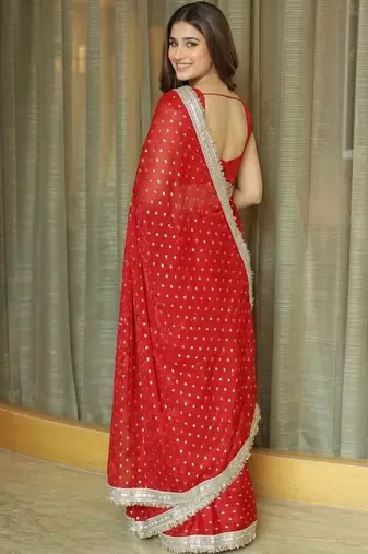 Red ethnic motifs sequinned satin saree