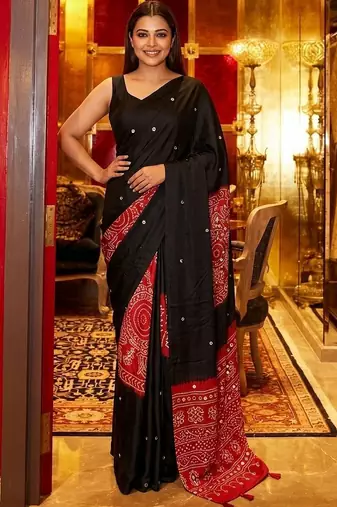 Black bandhani mirror work saree