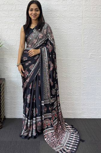 Black ajrak block mirror work bandhani saree