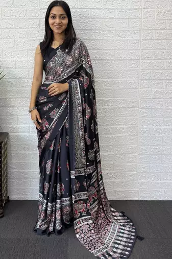 Black ajrak block mirror work bandhani saree