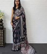 Black ajrak block mirror work bandhani saree