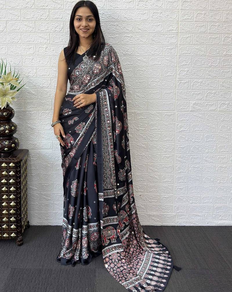 Black ajrak block mirror work bandhani saree