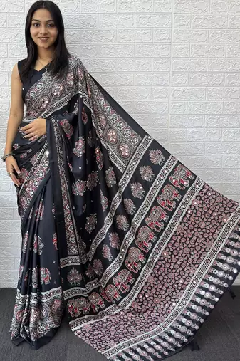 Black ajrak block mirror work bandhani saree