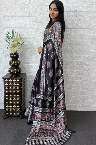Black ajrak block mirror work bandhani saree