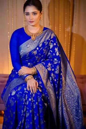 Blue woven design zari  silk designer banarasi saree