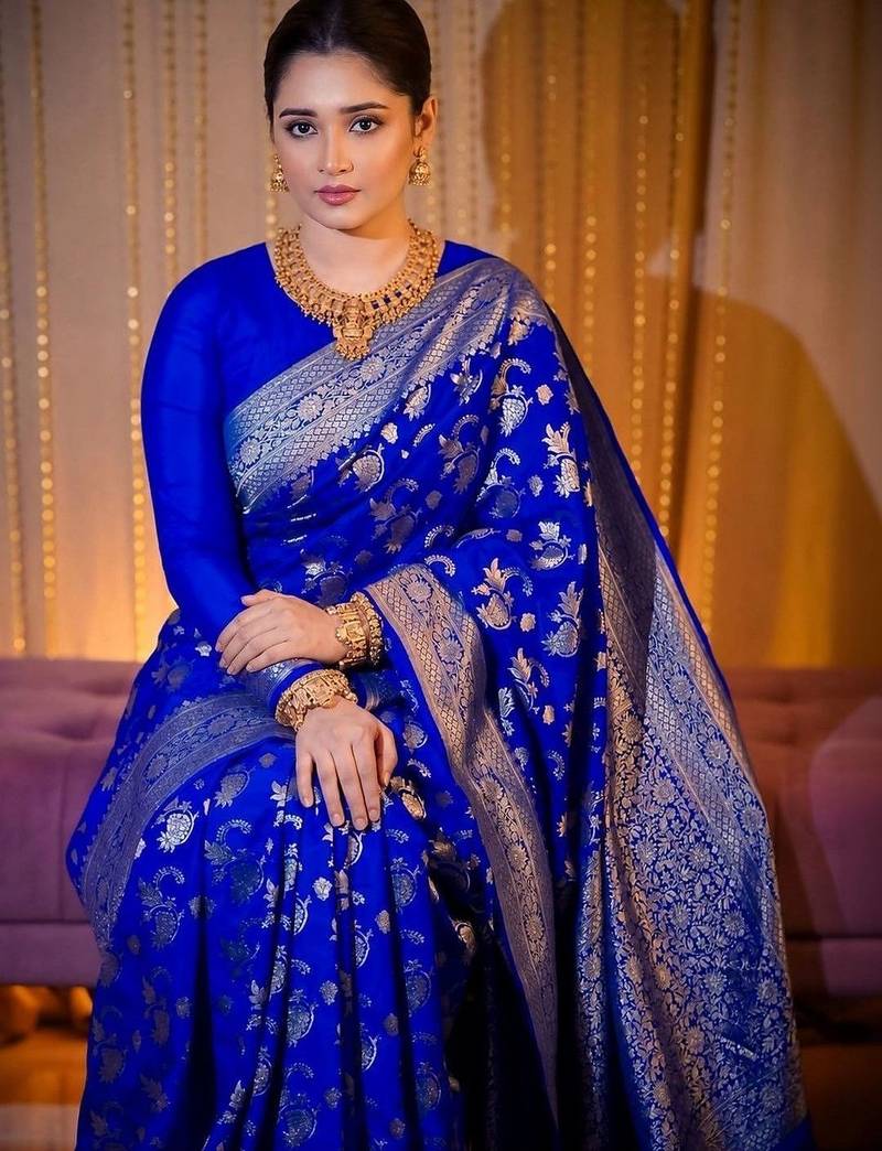 Blue woven design zari  silk designer banarasi saree
