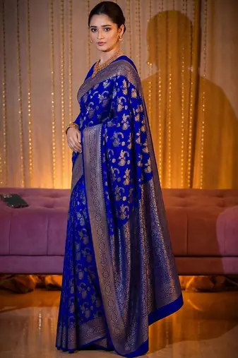 Blue woven design zari  silk designer banarasi saree