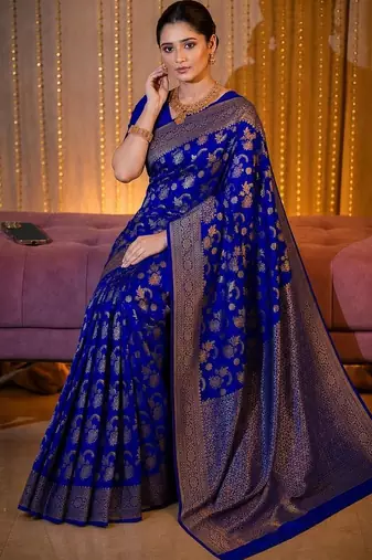 Blue woven design zari  silk designer banarasi saree
