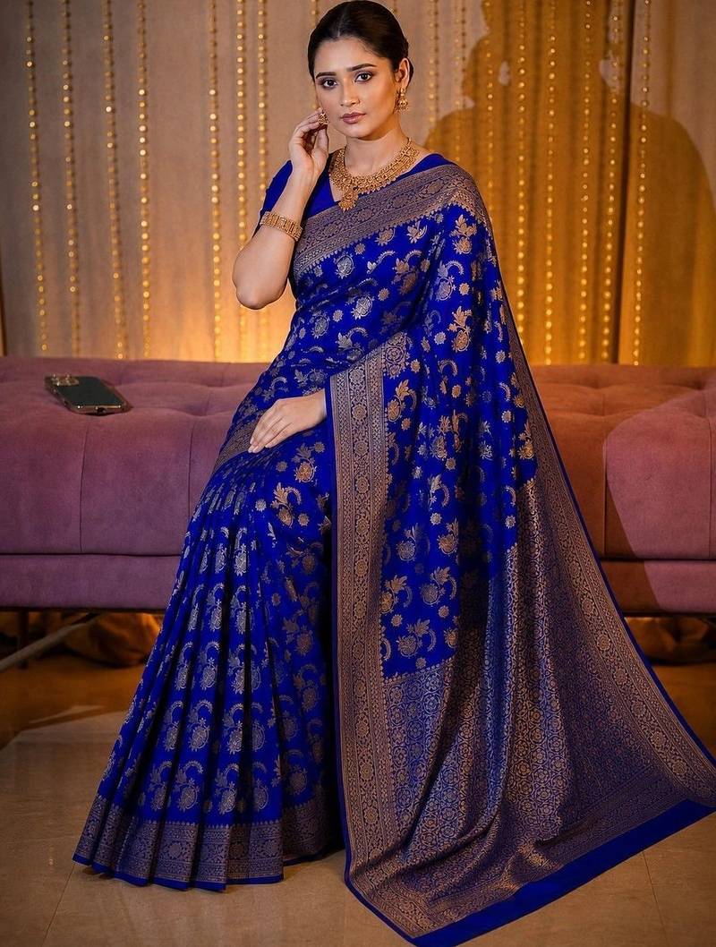 Blue woven design zari  silk designer banarasi saree