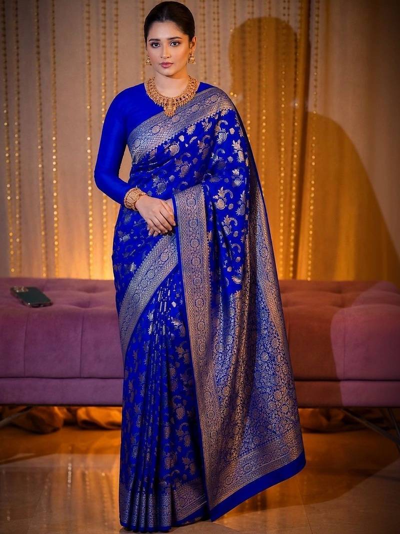 Blue woven design zari  silk designer banarasi saree