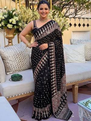 Black embellished mirror work saree 1