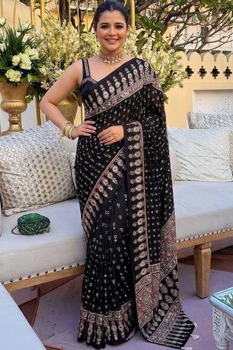 Black embellished mirror work saree