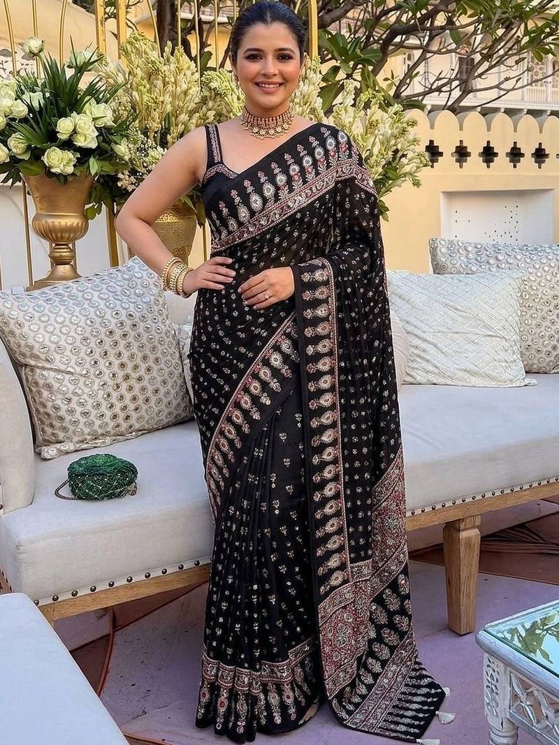 Black embellished mirror work saree
