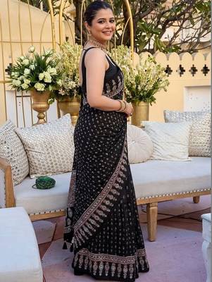 Black embellished mirror work saree 2