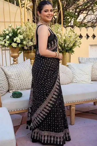 Black embellished mirror work saree