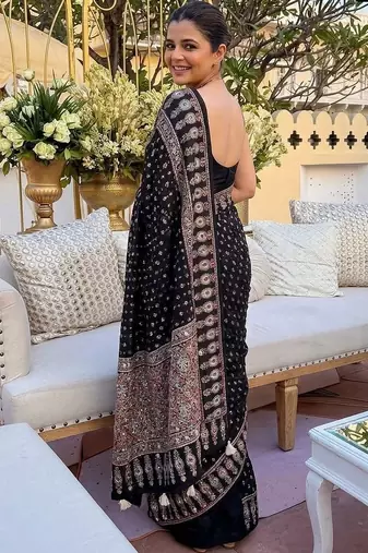 Black embellished mirror work saree