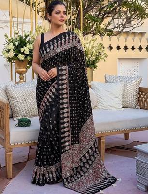 Black embellished mirror work saree 4