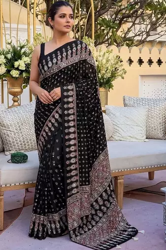 Black embellished mirror work saree