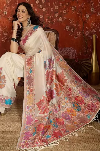 Off white woven design zari silk blend jamdani saree