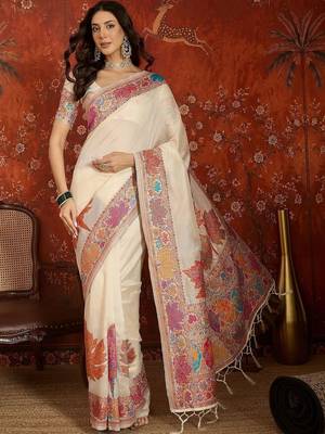 Off white woven design zari silk blend jamdani saree 3