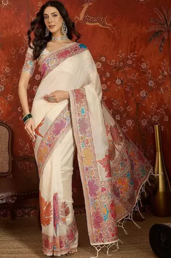 Off white woven design zari silk blend jamdani saree
