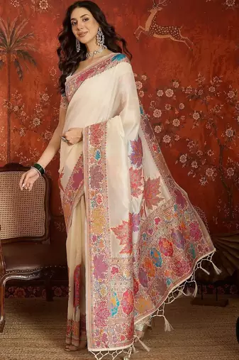 Off white woven design zari silk blend jamdani saree