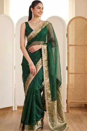Green woven design beads and stones silk blend designer banarasi saree