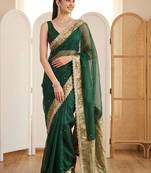 Green woven design beads and stones silk blend designer banarasi saree