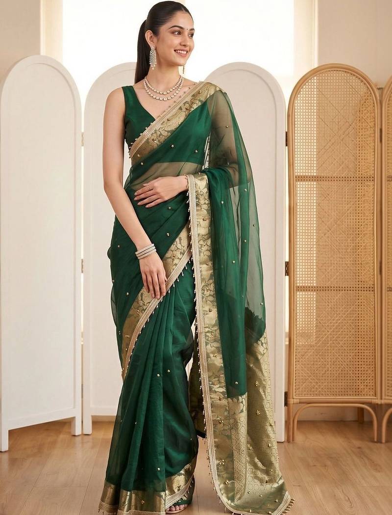 Green woven design beads and stones silk blend designer banarasi saree