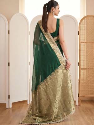 Green woven design beads and stones silk blend designer banarasi saree 2