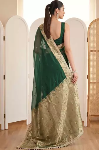 Green woven design beads and stones silk blend designer banarasi saree