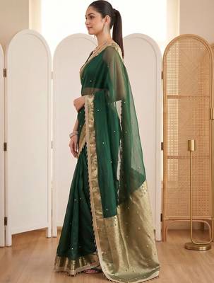 Green woven design beads and stones silk blend designer banarasi saree 3