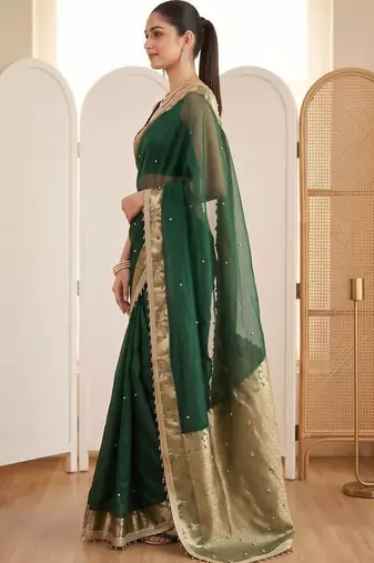 Green woven design beads and stones silk blend designer banarasi saree