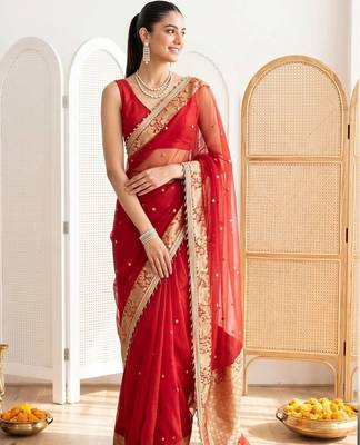 Red ethnic motifs embroidered silk blend designer banarasi saree 1