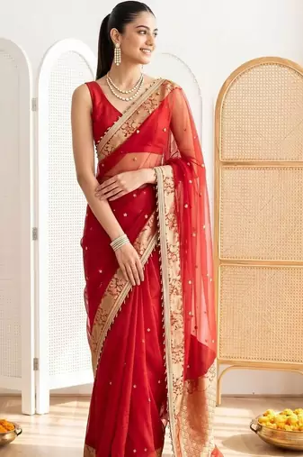 Red ethnic motifs embroidered silk blend designer banarasi saree