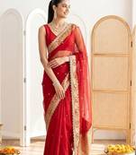 Red ethnic motifs embroidered silk blend designer banarasi saree