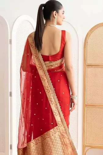 Red ethnic motifs embroidered silk blend designer banarasi saree