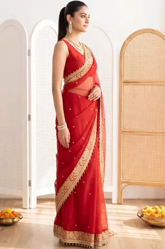 Red ethnic motifs embroidered silk blend designer banarasi saree