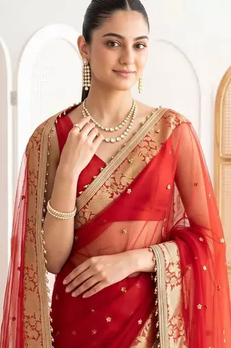 Red ethnic motifs embroidered silk blend designer banarasi saree