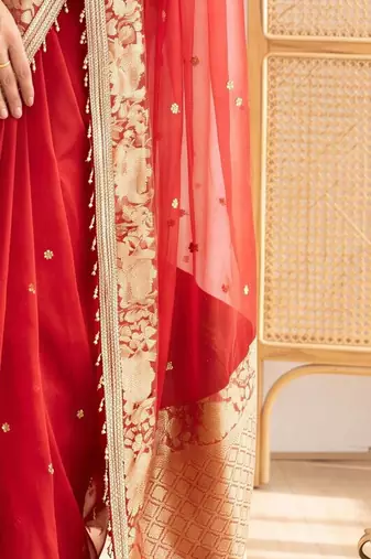 Red ethnic motifs embroidered silk blend designer banarasi saree
