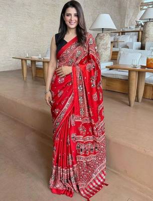 Red ajrak mirrorwork printed modal silk saree 1