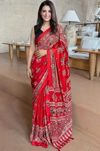 Red ajrak mirrorwork printed modal silk saree