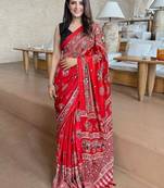 Red ajrak mirrorwork printed modal silk saree